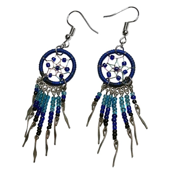 3 PAIRS of Dream Catcher Earrings Dangle Drop Refurbished Navy Pink Ivory Beaded - Picture 4 of 12